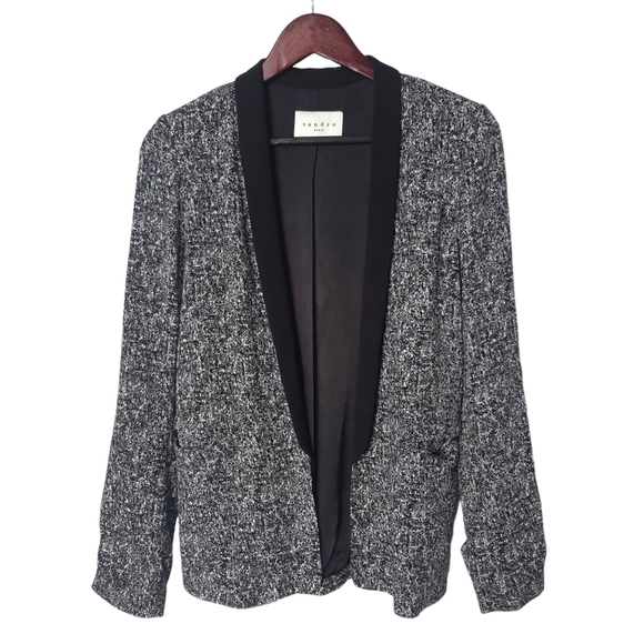 Sandro Paris Open Front Print Blazer, Shawl Lapel, Black White EU Size 36 - Picture 1 of 13